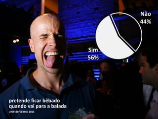 Não	
  
44%

Sim	
  
56%

pretende	
  ﬁcar	
  bêbado	
  
quando	
  vai	
  para	
  a	
  balada
UNIFESP/CEBRID	
  2013

 