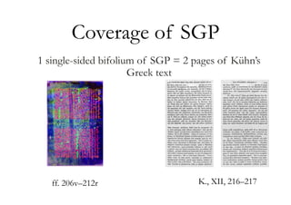 Coverage of SGP
1 single-sided bifolium of SGP = 2 pages of Kühn’s
Greek text
ff. 206v–212r K., XII, 216–217
 