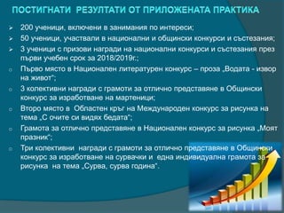  200 ученици, включени в занимания по интереси;
 50 ученици, участвали в национални и общински конкурси и състезания;
 3 ученици с призови награди на национални конкурси и състезания през
първи учебен срок за 2018/2019г.;
o Първо място в Национален литературен конкурс – проза „Водата - извор
на живот“;
o 3 колективни награди с грамоти за отлично представяне в Общински
конкурс за изработване на мартеници;
o Второ място в Областен кръг на Международен конкурс за рисунка на
тема „С очите си видях бедата“;
o Грамота за отлично представяне в Национален конкурс за рисунка „Моят
празник“;
o Три колективни награди с грамоти за отлично представяне в Общински
конкурс за изработване на сурвачки и една индивидуална грамота за
рисунка на тема „Сурва, сурва година“.
 