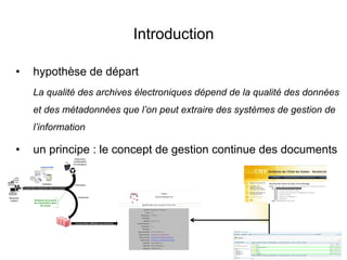 Introduction
•  hypothèse de départ
La qualité des archives électroniques dépend de la qualité des données
et des métadonn...