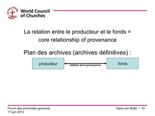 La relation entre le producteur et le fonds =
core relationship of provenance
Plan des archives (archives définitives) :
relation de la provenance
Forum des archivistes genevois,
17 juin 2013
Hans von Rütte / 10
producteur fonds
 