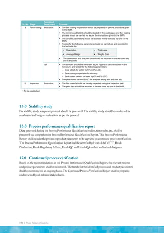 156 | Process Validation Guideline
Sr. No. Stage
Functional
Department Process
8 Film Coating Production  The film coating suspension should be prepared as per the procedure given
in the BMR.
 The compressed tablets should be loaded in the coating pan and the coating
process should be carried out as per the instructions given in the BMR.
 The variable parameters should be recorded in the test data slip and in the
BMR.
 Testing for the following parameters should be carried out and recorded in
the test data slip.
 Description  Thickness
 Average Weight  Weight Gain
 The observation and the yield data should be recorded in the test data slip
and in the BMR.
QA  The samples should be withdrawn as per Figure III (described later in this
Annexure) and tested for the following parameters:
– Core tablets for water by KF and % LOD.
– Seal coating suspension for viscosity.
– Seal coated tablets for water by KF and % LOD.
 Samples should be sent to QC for analyses along with test data slip.
9 Inspection Production  The film coated should be visually inspected using the inspection belt.
 The yield data should be recorded in the test data slip and in the BMR.
1 To be established.
15.0	 Stability study
For stability study, a separate protocol should be generated. The stability study should be conducted for
accelerated and long-term durations as per the protocol.
16.0	 Process performance qualification report
Data generated during the Process Performance Qualification studies, test results, etc., shall be
presented in a comprehensive Process Performance Qualification Report. The Process Performance
Report shall include the process or product parameters to be captured on continued process verification.
The Process Performance Qualification Report shall be certified by Head–R&D/FTT, Head-
Production, Head-Regulatory Affairs, Head-QC and Head–QA or their authorized designees.
17.0	 Continued process verification
Based on the recommendations in the Process Performance Qualification Report, the relevant process
and product parameters shall be monitored. The trends for the identified process and product parameters
shall be monitored on an ongoing basis. The Continued Process Verification Report shall be prepared
and reviewed by all relevant stakeholders.
 