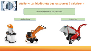 Atelier « Les biodéchets des ressources à valoriser »
Le semi-pro
Les Prêts de broyeurs aux particuliers
Les Familiaux
 