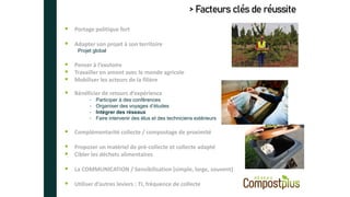 > Facteurs clés de réussite
▪ Portage politique fort
▪ Adapter son projet à son territoire
Projet global
▪ Penser à l’exutoire
▪ Travailler en amont avec le monde agricole
▪ Mobiliser les acteurs de la filière
▪ Bénéficier de retours d’expérience
- Participer à des conférences
- Organiser des voyages d’études
- Intégrer des réseaux
- Faire intervenir des élus et des techniciens extérieurs
▪ Complémentarité collecte / compostage de proximité
▪ Proposer un matériel de pré-collecte et collecte adapté
▪ Cibler les déchets alimentaires
▪ La COMMUNICATION / Sensibilisation (simple, large, souvent)
▪ Utiliser d’autres leviers : TI, fréquence de collecte
 