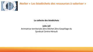 Atelier « Les biodéchets des ressources à valoriser »
La collecte des biodéchets
-
Julie Jaïl
Animatrice territoriale Zéro Déchet Zéro Gaspillage du
Syndicat Centre Hérault
 