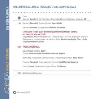 DALL’EUROPA ALL’ITALIA, PARLANDO D’INCLUSIONE SOCIALE
#forumcsr2016
		Chair
		Giancarlo Durante, Direttore Centrale e Responsabile Direzione Sindacale e del Lavoro ABI
	 11.40	 Domenico Gammaldi, Direttore Centrale Banca d’Italia
	 	 Domenico Manzione, Sottosegretario Ministero dell’Interno
		L’inclusione sociale quale elemento qualificante del nostro sistema
		 nel confronto internazionale
	 	 Sergio Mercuri, Ministro Plenipotenziario, Coordinatore per i temi della sostenibilità - Direzione
		 Generale per la Mondializzazione e le Questioni Globali Ministero degli Affari Esteri e della 		
		 Cooperazione Internazionale
	 12.30	 TAVOLA ROTONDA
	 	Daniele Frigeri, Direttore CeSPI e
		Direttore Osservatorio Inclusione Finanziaria dei Migranti
		Walter Pinci, Responsabile Sistemi di Incasso e Pagamento BancoPosta Poste Italiane
		Francesco Ramazzotti, Responsabile Area Mkt privati Crédit Agricole Cariparma
		Lorenzo Zannini, Responsabile Progetto BeAtlas BPER Banca
	 13.30	 Buffet Lunch e Networking
AGeNDAGIOVEDÌ1DICEMBRESESSIONEPLENARIAI
 