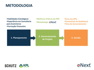 METODOLOGIA


Habilidades Estratégicas     Melhores Práticas do PMI   Foco nos KPIs
Experiência em Consultoria   Metodologia                Ferramenta de Dashboard
para Ecommerce                                            Time de Gerenciamento
Formação Financeira



                                2. Gerenciamento
    1. Planejamento                                              3. Gestão
                                    de Projeto
 