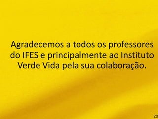Agradecemos a todos os professores
do IFES e principalmente ao Instituto
Verde Vida pela sua colaboração.
20
 