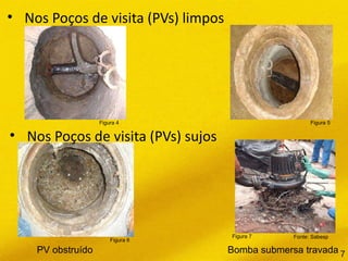 • Nos Poços de visita (PVs) limpos
PV obstruído Bomba submersa travada
• Nos Poços de visita (PVs) sujos
Figura 4
Figura 6
Figura 7
Figura 5
Fonte: Sabesp
7
 