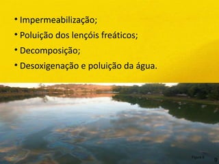• Impermeabilização;
• Poluição dos lençóis freáticos;
• Decomposição;
• Desoxigenação e poluição da água.
Figura 9
9
 
