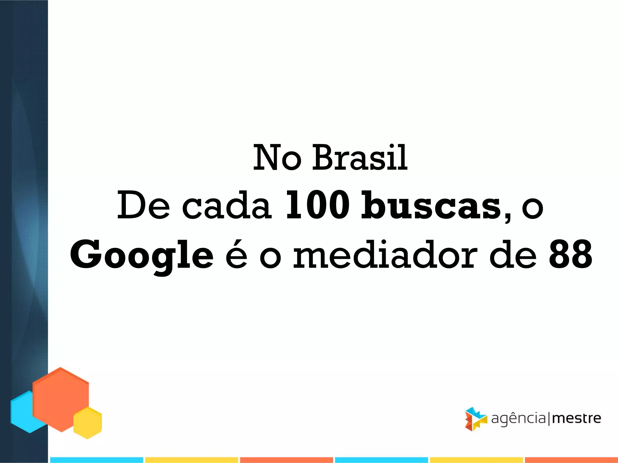 No Brasil

De cada 100 buscas, o
Google é o mediador de 88

 