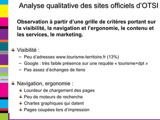 Observation à partir d’une grille de critères portant sur la visibilité, la navigation et l’ergonomie, le contenu et les services, le marketing. Visibilité : Peu d’adresses www.tourisme-territoire.fr (13%) Google : très faible présence sur une requête « tourisme+dpt » Pas assez d’échanges de liens Navigation, ergonomie : Lourdeur de chargement des pages Peu de moteurs de recherche Chartes graphiques qui datent Pages coupées lors d’impression Analyse qualitative des sites officiels d’OTSI 