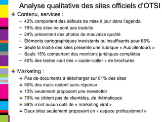 Contenu, services : 43% comportent des défauts de mise à jour dans l’agenda 75% des sites ne sont pas traduits 24% présentent des photos de mauvaise qualité Éléments cartographiques inexistants ou insuffisants pour 65% Seule la moitié des sites présente une rubrique « Aux alentours » Seuls 15% comportent des mentions juridiques complètes 40% des textes sont des « copier-coller » de brochures Marketing : Pas de documents à télécharger sur 81% des sites 50% des mails restent sans réponse 13% seulement proposent une newsletter 70% ne ciblent pas de clientèles, de thématiques 89% n’ont aucun outil de « marketing viral » Deux sites seulement proposent un « espace professionnel » Analyse qualitative des sites officiels d’OTSI 
