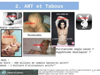 2. ART et Tabous
    AUTORISÉ
                                                          INTERDIT               AUTORISÉ

                        INTERDIT
Apple nipples***


  AUTORISÉ


                                INTERDIT
                                                         Puritanisme anglo-saxon ?
                                                         Hygiènisme boutiquier ?


 MAIS :
le Store : 400 millions de comptes bancaires actifs*
ebook : 1 milliard d’utilisateurs actifs**
       *http://belgium-iphone.lesoir.be/2012/06/11/apple-communique-des-chiffres-impressionnants-a-la-wwdc
       **http://affordance.typepad.com/mon_weblog/2012/10/facebook-1-milliard.html               20
       ***http://www.france24.com/fr/20100223-apple-veut-pas-seins-son-iphone
 