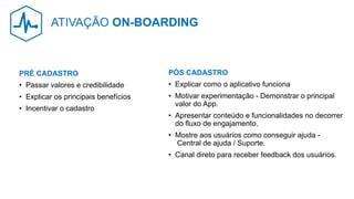 PRÉ CADASTRO
• Passar valores e credibilidade
• Explicar os principais benefícios
• Incentivar o cadastro
PÓS CADASTRO
• Explicar como o aplicativo funciona
• Motivar experimentação - Demonstrar o principal
valor do App.
• Apresentar conteúdo e funcionalidades no decorrer
do fluxo de engajamento,
• Mostre aos usuários como conseguir ajuda -
Central de ajuda / Suporte.
• Canal direto para receber feedback dos usuários.
ATIVAÇÃO ON-BOARDING
 