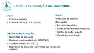 E-MAIL
Verificação de cadastro
Boas vindas
• Principais benefícios
• Como funciona (Funcionalidades)
• Central de ajuda / suporte
• Canais de comunicação
PUSH
• Incentivar cadastro
• Incentivar utilização pós cadastro
MÉTRICAS DE ATIVAÇÃO
• Quantidade de cadastros
• Custo por usuáro cadastrado (UAC/CAC)
• Custo por usuário leal (CPLU)
• Resistência de cadastros (Downloads que não geram
cadastro)
EXEMPLOS ATIVAÇÃO ON-BOARDING
 