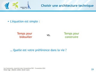 21
Les frameworks, essentiels dans l'écosystème PHP – 9 novembre 2010
Clever Age | Bastien Jaillot, Xavier Lacot
Choisir une architecture technique
 L'équation est simple :
… Quelle est votre préférence dans la vie ?
Temps pour
bidouiller
Temps pour
construire
vs.
 