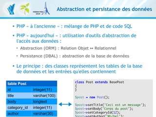 26
Les frameworks, essentiels dans l'écosystème PHP – 9 novembre 2010
Clever Age | Bastien Jaillot, Xavier Lacot
Abstraction et persistance des données
 PHP « à l'ancienne » : mélange de PHP et de code SQL
 PHP « aujourd'hui » : utilisation d'outils d'abstraction de
l'accès aux données :

Abstraction (ORM) : Relation Objet ↔ Relationnel

Persistance (DBAL) : abstraction de la base de données
 Le principe : des classes représentent les tables de la base
de données et les entrées qu'elles contiennent
table Post
id integer(11)
title varchar(100)
body longtext
category_id integer(11)
author varchar(30)
class Post extends BasePost
{
}
$post = new Post();
$post->setTitle('Ceci est un message');
$post->setBody('Corps du post');
$post->setCategoryId(12);
 