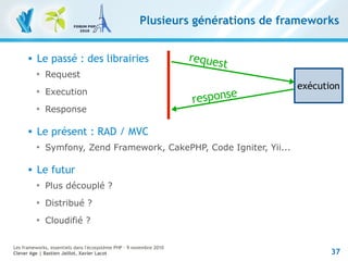 37
Les frameworks, essentiels dans l'écosystème PHP – 9 novembre 2010
Clever Age | Bastien Jaillot, Xavier Lacot
Plusieurs générations de frameworks
 Le passé : des librairies

Request

Execution

Response
 Le présent : RAD / MVC

Symfony, Zend Framework, CakePHP, Code Igniter, Yii...
 Le futur

Plus découplé ?

Distribué ?

Cloudifié ?
request
response
exécution
 