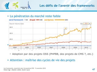 47
Les frameworks, essentiels dans l'écosystème PHP – 9 novembre 2010
Clever Age | Bastien Jaillot, Xavier Lacot
Les défis de l'avenir des frameworks
 La pénétration du marché reste faible
 Objectifs :

Plus grande adoption

Adoption par des projets OSS (PHPBB, des projets de CMS ?, etc.)
 Attention : maîtrise des cycles de vie des projets
 