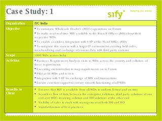 Case Study: 1 Organization ITC India Objective To automate Wholesale Dealer’s (WD’s) operations on Forum  To make near real-time MIS available to the Branch Offices (BO) about their respective WDs To enable seamless integration with SAP at the Head Office (HO) To integrate this system with a larger IT environment covering field sales, merchandising and exchange of census data with third party systems Scope 1000 WDs across India Activities Business Requirement Analysis visits to WDs across the country and  collation  of these requirements Executing customisation to map requirements on to Forum  Pilot at 50 WDs and review Integration with SAP for exchange of MIS and transactions  Ensure constant support to ensure smooth functioning of all WDs Benefits to Client Ensures that MIS is available from all WDs in uniform format and on time Seamless flow of data between the enterprise solutions, third party solutions at one end and WD’s invoicing solution and HH solutions at the other end Visibility of sales & stock with management at both HO and BO Standardization of best practices 