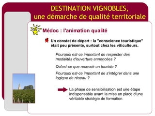 DESTINATION VIGNOBLES, une démarche de qualité territoriale Pourquoi est-ce important de respecter des modalités d'ouverture annoncées ? La phase de sensibilisation est une étape indispensable avant la mise en place d'une véritable stratégie de formation Qu'est-ce que recevoir un touriste ? Pourquoi est-ce important de s'intégrer dans une logique de réseau ? Médoc : l'animation qualité Un constat de départ : la "conscience touristique" était peu présente, surtout chez les viticulteurs. 