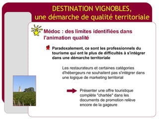 DESTINATION VIGNOBLES, une démarche de qualité territoriale Les restaurateurs et certaines catégories d'hébergeurs ne souhaitent pas s'intégrer dans une logique de marketing territorial Présenter une offre touristique complète "chartée" dans les documents de promotion relève encore de la gageure Médoc : des limites identifiées dans l'animation qualité Paradoxalement, ce sont les professionnels du tourisme qui ont le plus de difficultés à s'intégrer dans une démarche territoriale 