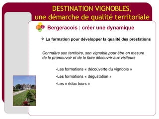 DESTINATION VIGNOBLES, une démarche de qualité territoriale -Les formations « découverte du vignoble » Les formations « dégustation » Les « éduc tours » Connaître son territoire, son vignoble pour être en mesure de le promouvoir et de le faire découvrir aux visiteurs Bergeracois : créer une dynamique La formation pour développer la qualité des prestations 