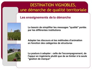 DESTINATION VIGNOBLES, une démarche de qualité territoriale Les enseignements de la démarche Le besoin de simplifier les messages "qualité" portés par les différentes institutions La posture à adopter : celle de l'accompagnement, de l'appui en ingénierie plutôt que de se limiter à la seule "gestion de marque" Adapter les discours et les méthodes d’animation en fonction des catégories de structures 