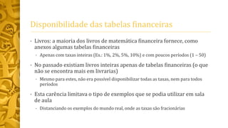 Disponibilidade das tabelas financeiras
• Livros: a maioria dos livros de matemática financeira fornece, como
anexos algumas tabelas financeiras
• Apenas com taxas inteiras (Ex.: 1%, 2%, 5%, 10%) e com poucos períodos (1 – 50)
• No passado existiam livros inteiras apenas de tabelas financeiras (o que
não se encontra mais em livrarias)
• Mesmo para estes, não era possível disponibilizar todas as taxas, nem para todos
períodos
• Esta carência limitava o tipo de exemplos que se podia utilizar em sala
de aula
• Distanciando os exemplos do mundo real, onde as taxas são fracionárias
 