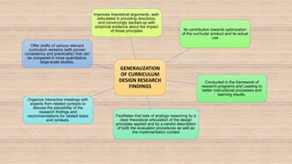 GENERALIZATION
OF CURRICULUM
DESIGN RESEARCH
FINDINGS
Improves theoretical arguments, well-
articulated in providing directions,
and convincingly backed-up with
empirical evidence about the impact
of those principles Its contribution towards optimization
of the curricular product and its actual
use
Conducted in the framework of
research programs and Leading to
better instructional processes and
learning results.
Facilitates that task of analogy reasoning by a
clear theoretical articulation of the design
principles applied and by a careful description
of both the evaluation procedures as well as
the implementation context
Organize interactive meetings with
experts from related contexts to
discuss the plausibility of the
research findings and
recommendations for related tasks
and contexts.
Offer drafts of various relevant
curriculum versions (with proven
consistency and practicality) that can
be compared in more quantitative,
large-scale studies.
 