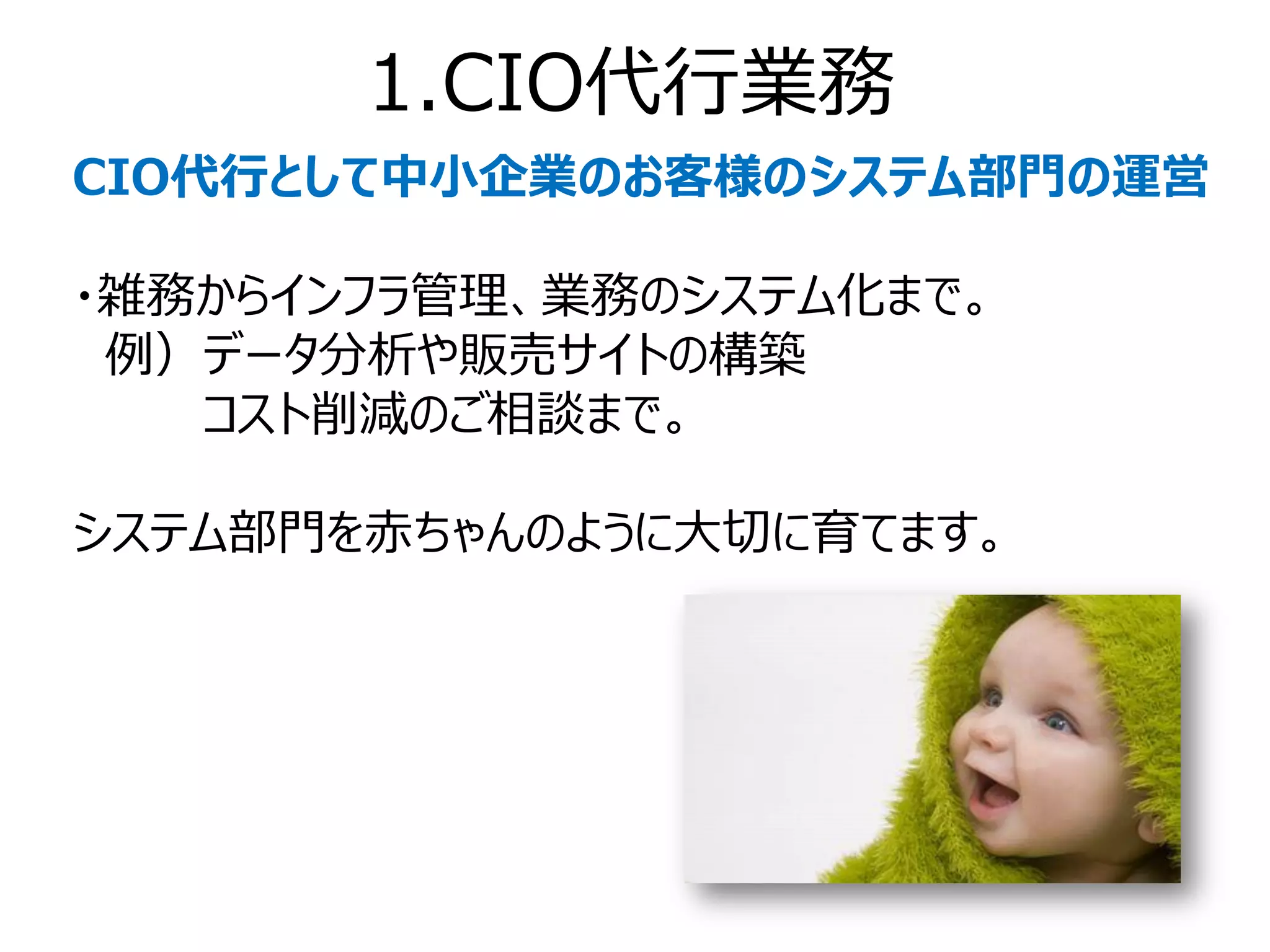 1.CIO代行業務
CIO代行として中小企業のお客様のシステム部門の運営

・雑務からインフラ管理、業務のシステム化まで。
 例）データ分析や販売サイトの構築
   コスト削減のご相談まで。

システム部門を赤ちゃんのように大切に育てます。
 
