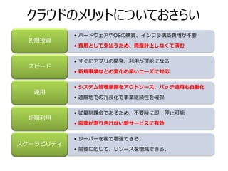 クラウドのメリットについておさらい
           • ハードウェアやOSの購買、インフラ構築費用が不要
 初期投資
           • 費用として支払うため、資産計上しなくて済む


           • すぐにアプリの開発、利用が可能になる
 スピード
           • 新規事業などの変化の早いニーズに対応


           • システム管理業務をアウトソース、パッチ適用も自動化
   運用
           • 遠隔地での冗長化で事業継続性を確保


           • 従量制課金であるため、不要時に即    停止可能
 短期利用
           • 需要が測りきれない新サービスに有効


           • サーバーを後で増強できる。
スケーラビリティ
           • 需要に応じて、リソースを増減できる。
 