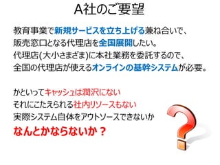 A社のご要望
教育事業で新規サービスを立ち上げる兼ね合いで、
販売窓口となる代理店を全国展開したい。
代理店(大小さまざま)に本社業務を委託するので、
全国の代理店が使えるオンラインの基幹システムが必要。

かといってキャッシュは潤沢にない
それにこたえられる社内リソースもない
実際システム自体をアウトソースできないか
なんとかならないか？
 