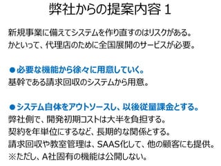弊社からの提案内容１
新規事業に備えてシステムを作り直すのはリスクがある。
かといって、代理店のために全国展開のサービスが必要。

●必要な機能から徐々に用意していく。
基幹である請求回収のシステムから用意。

●システム自体をアウトソースし、以後従量課金とする。
弊社側で、開発初期コストは大半を負担する。
契約を年単位にするなど、長期的な関係とする。
請求回収や教室管理は、SAAS化して、他の顧客にも提供。
※ただし、A社固有の機能は公開しない。
 