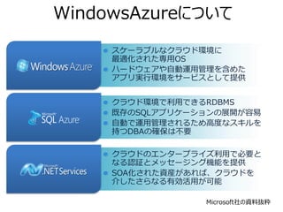 WindowsAzureについて
     スケーラブルなクラウド環境に
     最適化された専用OS
     ハードウェアや自動運用管理を含めた
     アプリ実行環境をサービスとして提供


     クラウド環境で利用できるRDBMS
     既存のSQLアプリケーションの展開が容易
     自動で運用管理されるため高度なスキルを
     持つDBAの確保は不要

     クラウドのエンタープライズ利用で必要と
     なる認証とメッセージング機能を提供
     SOA化された資産があれば、クラウドを
     介したさらなる有効活用が可能

                 Microsoft社の資料抜粋
 