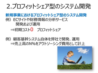 2.プロフィットシェア型のシステム開発
新規事業におけるプロフィットシェア型のシステム開発
例）ECサイトや財務情報の分析サービス
   開発および運用
 ⇒初期コスト0 プロフィットシェア

例）顧客基幹システム自体を弊社で開発、運用
 ⇒売上高のN％をアウトソーシング費用として計上
 