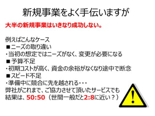 新規事業をよく手伝いますが
大半の新規事業はいきなり成功しない。

例えばこんなケース
■ニーズの取り違い
・当初の想定ではニーズがなく、変更が必要になる
■予算不足
・初期コストが高く、資金の余裕がなくなり途中で断念
■スピード不足
・準備中に競合に先を越される・・・
弊社がこれまで、ご協力させて頂いたサービスでも
結果は、50:50（世間一般だと2:8に近い？）
 