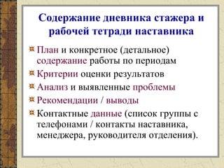 Содержание дневника стажера и
рабочей тетради наставника
План и конкретное (детальное)
содержание работы по периодам
Критерии оценки результатов
Анализ и выявленные проблемы
Рекомендации / выводы
Контактные данные (список группы с
телефонами / контакты наставника,
менеджера, руководителя отделения).
 