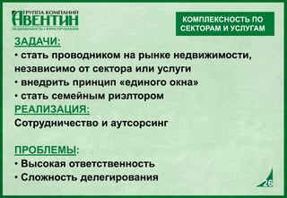 КОМПЛЕКСНОСТЬ ПО
СЕКТОРАМ И УСЛУГАМ
ЗАДАЧИ:
• стать проводником на рынке недвижимости,
независимо от сектора или услуги
• внедрить принцип «единого окна»
• стать семейным риэлтором
РЕАЛИЗАЦИЯ:
Сотрудничество и аутсорсинг
ПРОБЛЕМЫ:
• Высокая ответственность
• Сложность делегирования
26
 