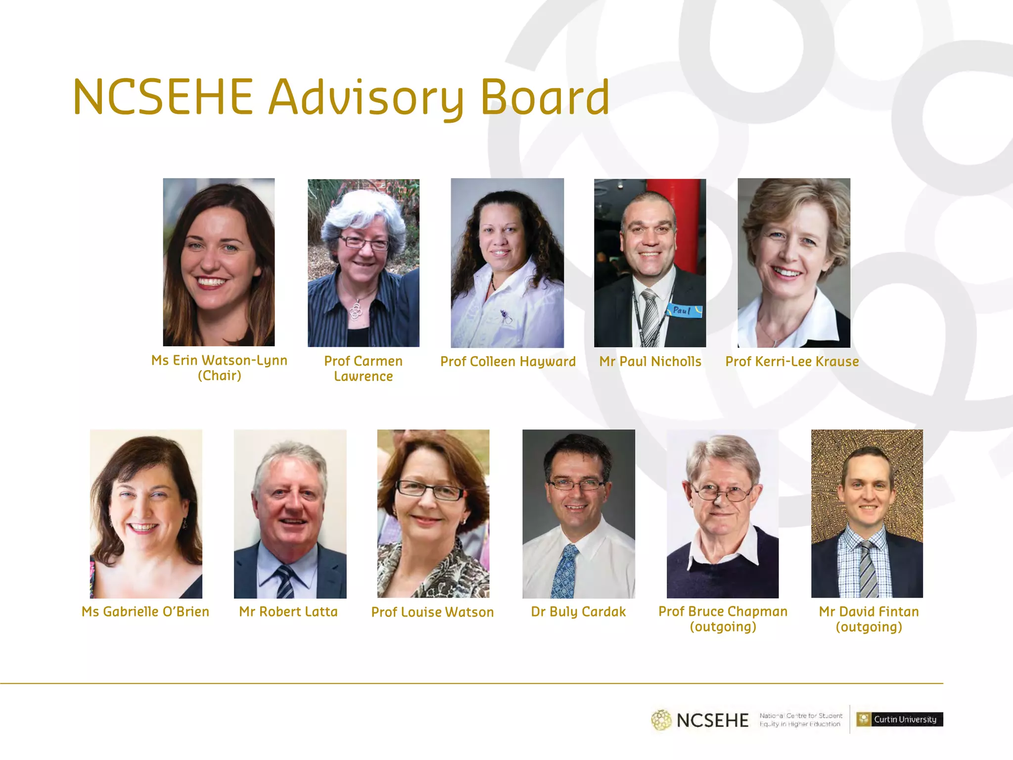 NCSEHE Advisory Board
Ms Erin Watson-Lynn
(Chair)
Prof Carmen
Lawrence
Prof Colleen Hayward Mr Paul Nicholls Prof Kerri-Lee Krause
Ms Gabrielle O’Brien Mr Robert Latta Prof Louise Watson Dr Buly Cardak Prof Bruce Chapman
(outgoing)
Mr David Fintan
(outgoing)
 