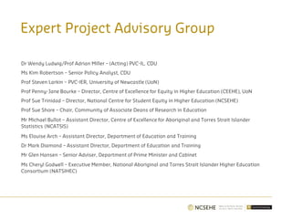 Expert Project Advisory Group
Dr Wendy Ludwig/Prof Adrian Miller – (Acting) PVC-IL, CDU
Ms Kim Robertson – Senior Policy Analyst, CDU
Prof Steven Larkin – PVC-IER, University of Newcastle (UoN)
Prof Penny-Jane Bourke – Director, Centre of Excellence for Equity in Higher Education (CEEHE), UoN
Prof Sue Trinidad – Director, National Centre for Student Equity in Higher Education (NCSEHE)
Prof Sue Shore – Chair, Community of Associate Deans of Research in Education
Mr Michael Bullot – Assistant Director, Centre of Excellence for Aboriginal and Torres Strait Islander
Statistics (NCATSIS)
Ms Elouise Arch – Assistant Director, Department of Education and Training
Dr Mark Diamond – Assistant Director, Department of Education and Training
Mr Glen Hansen – Senior Adviser, Department of Prime Minister and Cabinet
Ms Cheryl Godwell – Executive Member, National Aboriginal and Torres Strait Islander Higher Education
Consortium (NATSIHEC)
 