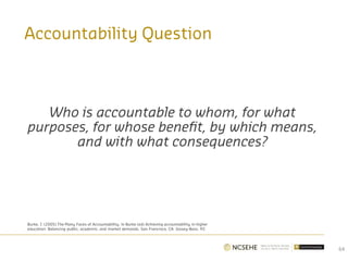 Accountability Question
Who is accountable to whom, for what
purposes, for whose benefit, by which means,
and with what consequences?
64
Burke, J. (2005) The Many Faces of Accountability. In Burke (ed) Achieving accountability in higher
education: Balancing public, academic, and market demands. San Francisco, CA: Jossey-Bass. P2.
 