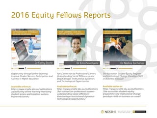 2016 Equity Fellows Reports
Available online at:
https://www.ncsehe.edu.au/publications
/opportunity-online-learning-improving-
student-access-participation-success-
higher-education/
Available online at:
https://www.ncsehe.edu.au/publications
/fair-connection-professional-careers-
understanding-social-difference-
disadvantage-institutional-dynamics-
technological-opportunities/
Available online at:
https://www.ncsehe.edu.au/publications
/the-australian-student-equity-
programme-and-institutional-change-
paradigm-shift-or-business-as-usual/
 