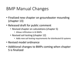 BMP Manual Changes
• Finalized new chapter on groundwater mounding
(chapter 13)
• Released draft for public comment
• Revi...