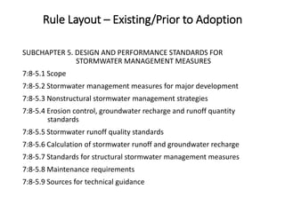 Rule Layout – Existing/Prior to Adoption
SUBCHAPTER 5. DESIGN AND PERFORMANCE STANDARDS FOR
STORMWATER MANAGEMENT MEASURES...