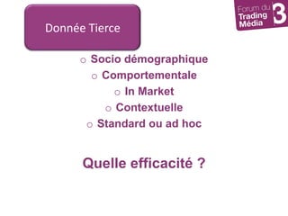 Socio démographiqueComportementaleIn MarketContextuelleStandard ou ad hocQuelle efficacité ?Donnée Tierce