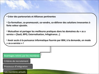 Avantages retirés par les membres Critères de recrutement Processus d’intégration Les membres actuels Créer des partenariats et Alliances pertinentes Co-formaliser, co-promouvoir, co-vendre, co-délivrer des solutions innovantes à forte valeur ajoutée.  Mutualiser et partager les meilleures pratiques dans les domaines du « as a service » [SaaS, BPO, Externalisation, Infogérance…]  Avoir accès à la puissance informatique fournie par IBM, à la demande, en mode « as-a-service » ! 