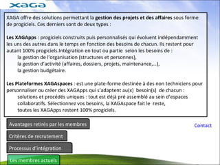 Avantages retirés par les membres Critères de recrutement Processus d’intégration Les membres actuels XAGA offre des solutions permettant la  gestion des projets et des affaires  sous forme de progiciels. Ces derniers sont de deux types :  Les XAGApps  : progiciels construits puis personnalisés qui évoluent indépendamment les uns des autres dans le temps en fonction des besoins de chacun. Ils restent pour autant 100% progiciels.Intégration en tout ou partie  selon les besoins de : la gestion de l’organisation (structures et personnes), la gestion d’activité (affaires, dossiers, projets, maintenance,…), la gestion budgétaire. Les Plateformes XAGAspaces  : est une plate-forme destinée à des non techniciens pour personnaliser ou créer des XAGApps qui s’adaptent au(x)  besoin(s)  de chacun : solutions et procédés uniques : tout est déjà pré assemblé au sein d’espaces collaboratifs. Sélectionnez vos besoins, la XAGAspace fait le  reste, toutes les XAGApps restent 100% progiciels. Contact 