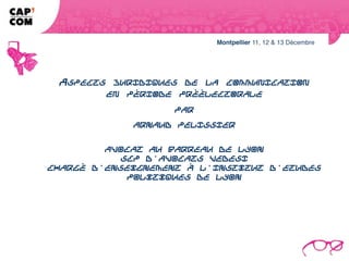 ASPECTS JURIDIQUES DE LA COMMUNICATION
      EN PÉRIODE PRÉÉLECTORALE
                             par
                     Arnaud PELISSIER


                Avocat au Barreau de Lyon
                  SCP d'Avocats VEDESI
Chargé d'enseignement à l'Institut d'Etudes Politiques de Lyon
 